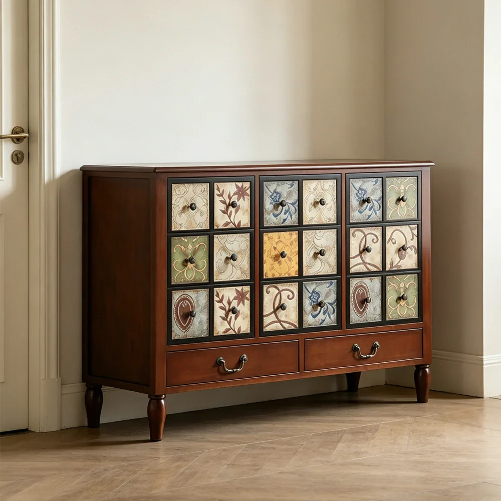 LIVARA American Vintage Storage Cabinet - Solid Wood Painted 11-Drawer Chest with 18 Panels - 116cm Entryway Cabinet - Reddish Brown - Image 5