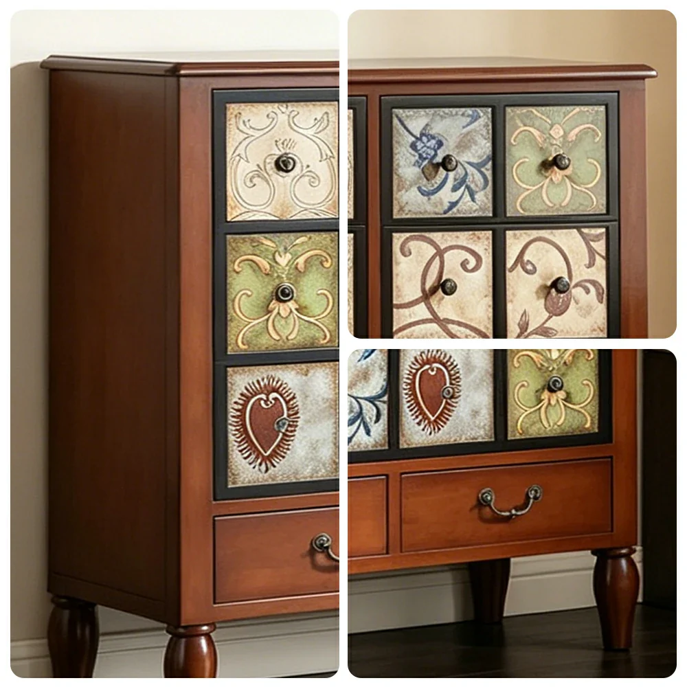 LIVARA American Vintage Storage Cabinet - Solid Wood Painted 9-Drawer Chest with 18 Panels - 120cm Entryway Cabinet - Reddish Brown - Image 3