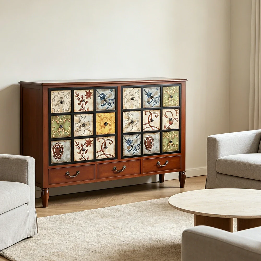 LIVARA American Vintage Storage Cabinet - Solid Wood Painted 9-Drawer Chest with 18 Panels - 120cm Entryway Cabinet - Reddish Brown - Image 4