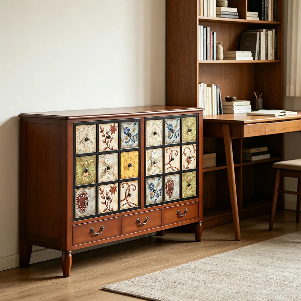 LIVARA American Vintage Storage Cabinet - Solid Wood Painted 9-Drawer Chest with 18 Panels - 120cm Entryway Cabinet - Reddish Brown - Image 5
