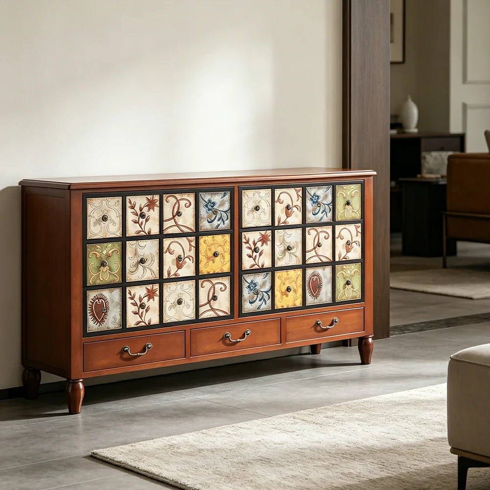 LIVARA American Vintage Storage Cabinet - Solid Wood Painted 9-Drawer Chest with 24 Panels - 140cm Entryway Cabinet - Reddish Brown - Image 2