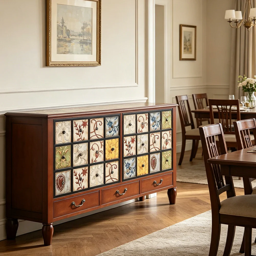 LIVARA American Vintage Storage Cabinet - Solid Wood Painted 9-Drawer Chest with 24 Panels - 140cm Entryway Cabinet - Reddish Brown - Image 6