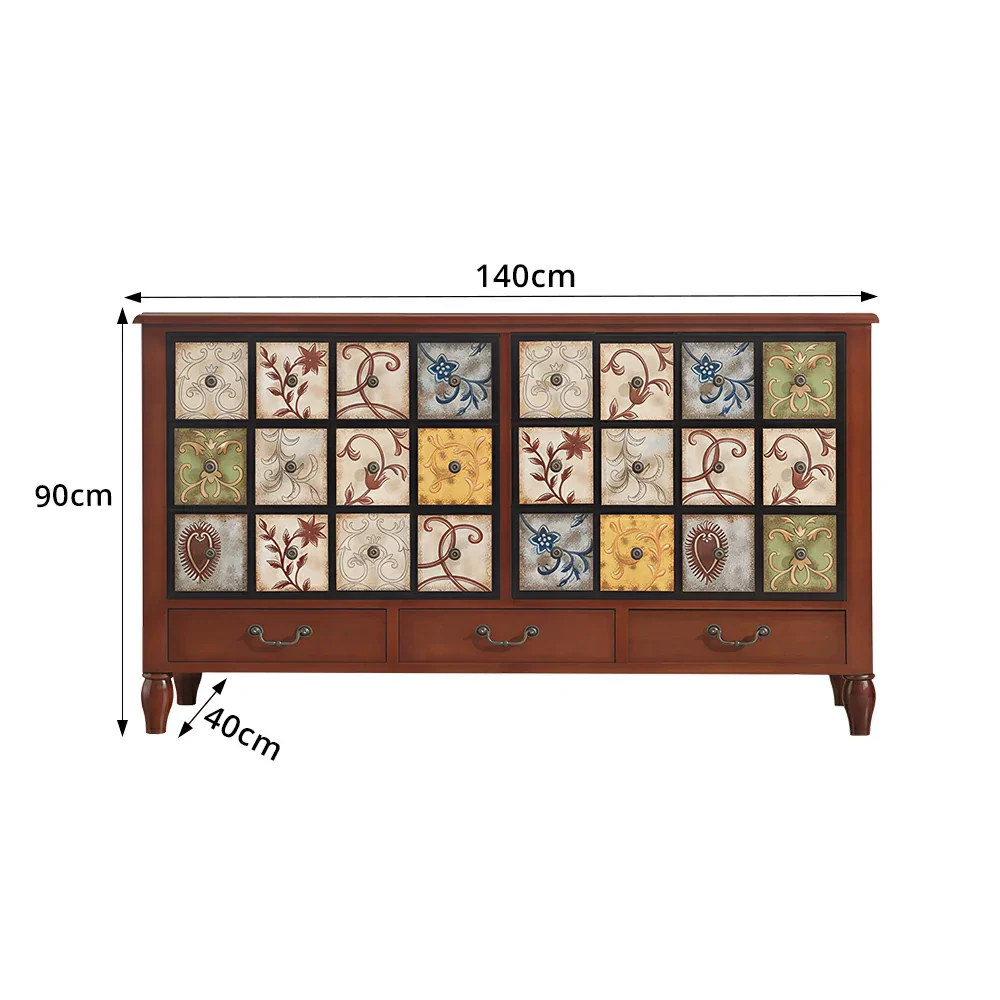 LIVARA American Vintage Storage Cabinet - Solid Wood Painted 9-Drawer Chest with 24 Panels - 140cm Entryway Cabinet - Reddish Brown - Image 8