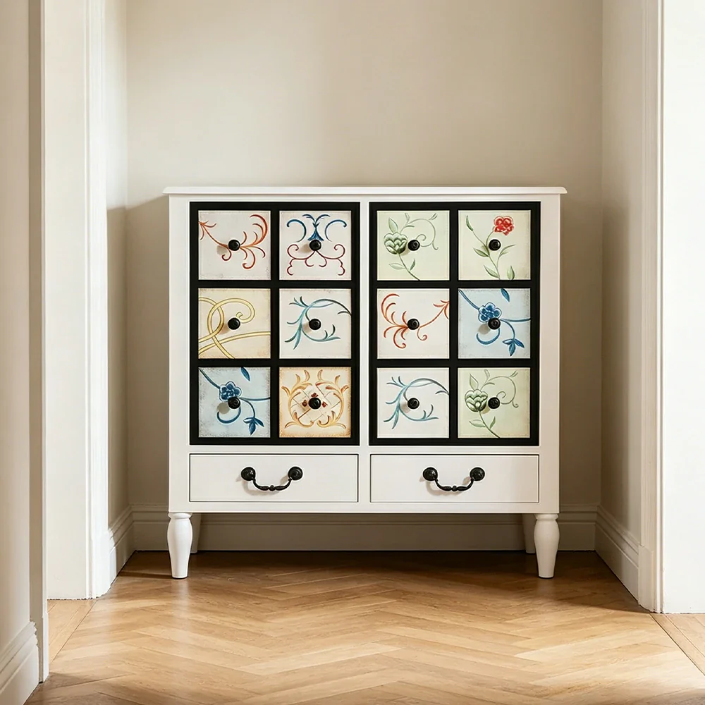 LIVARA American Vintage Storage Cabinet - Solid Wood Painted 8-Drawer Chest with 12 Panels - 80cm Entryway Cabinet - White - Image 5