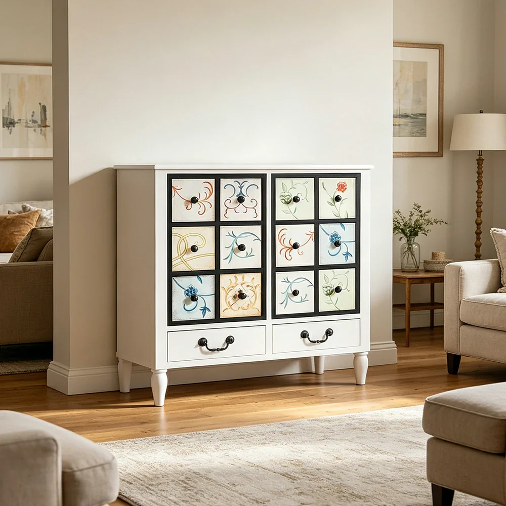 LIVARA American Vintage Storage Cabinet - Solid Wood Painted 8-Drawer Chest with 12 Panels - 80cm Entryway Cabinet - White - Image 6