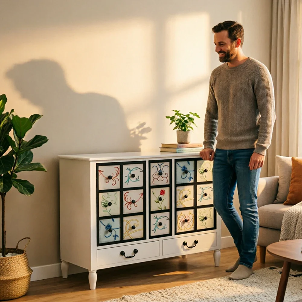 LIVARA American Vintage Storage Cabinet - Solid Wood Painted 11-Drawer Chest with 15 Panels - 100cm Entryway Cabinet - White - Image 7