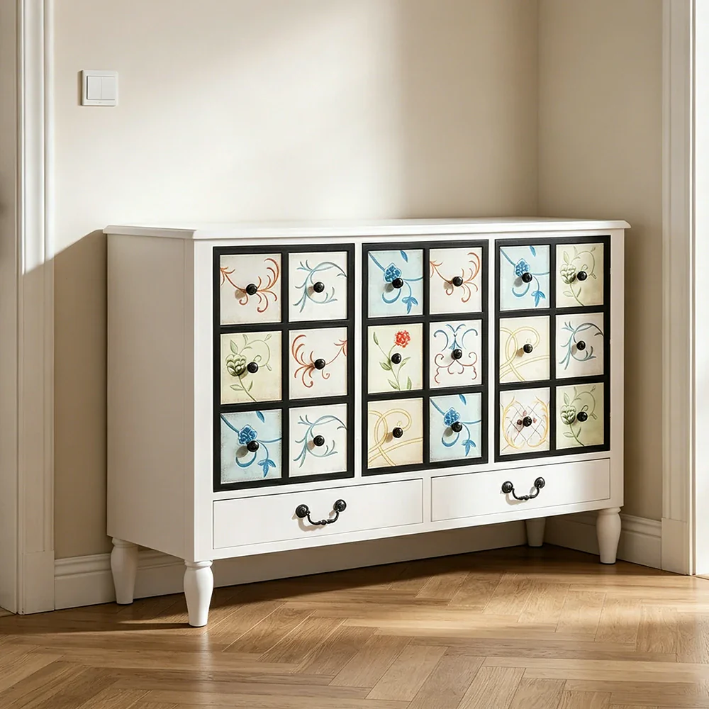 LIVARA American Vintage Storage Cabinet - Solid Wood Painted 11-Drawer Chest with 18 Panels - 116cm Entryway Cabinet - White - Image 2