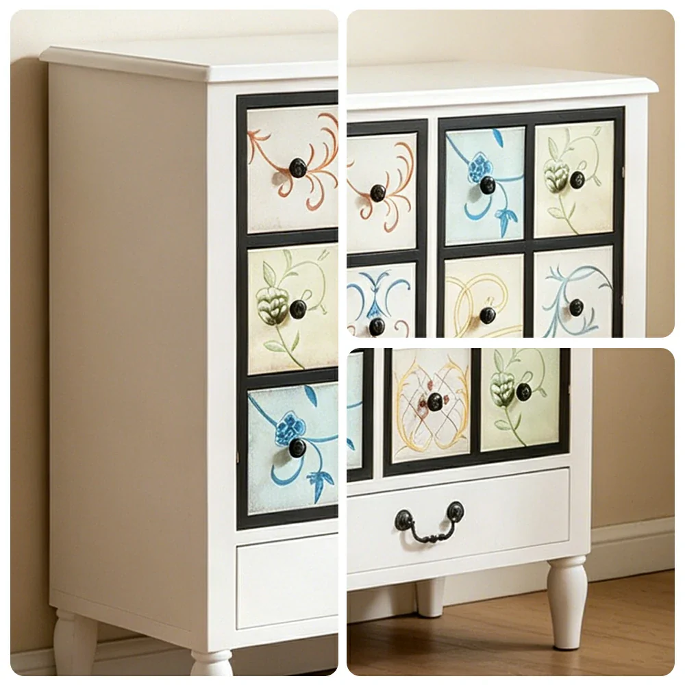 LIVARA American Vintage Storage Cabinet - Solid Wood Painted 11-Drawer Chest with 18 Panels - 116cm Entryway Cabinet - White - Image 3