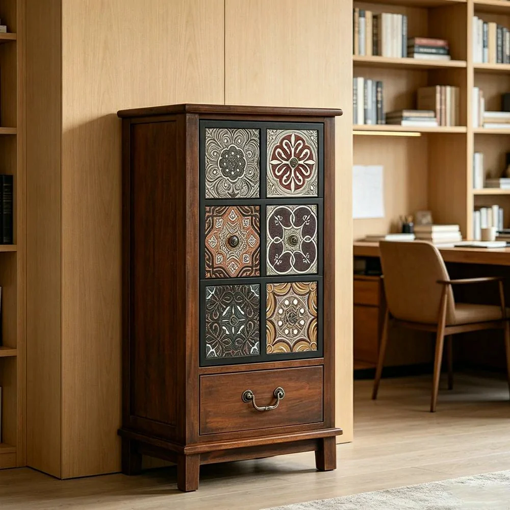 LIVARA American Vintage Storage Cabinet - Solid Wood Painted Drawer Chest with Slim Design - 83cm Entryway Side Cabinet - Chestnut - Image 6