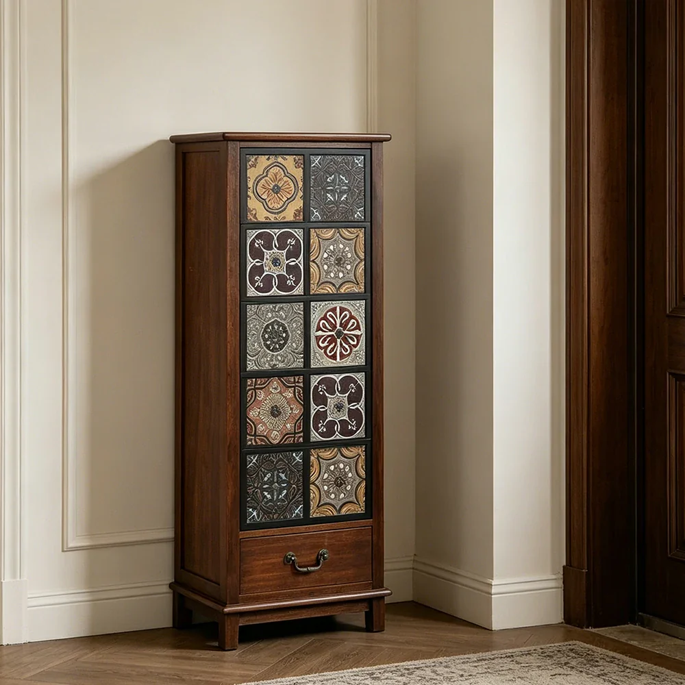 LIVARA American Vintage Storage Cabinet - Solid Wood Painted Drawer Chest with Slim Design - 118cm Entryway Side Cabinet - Chestnut - Image 2