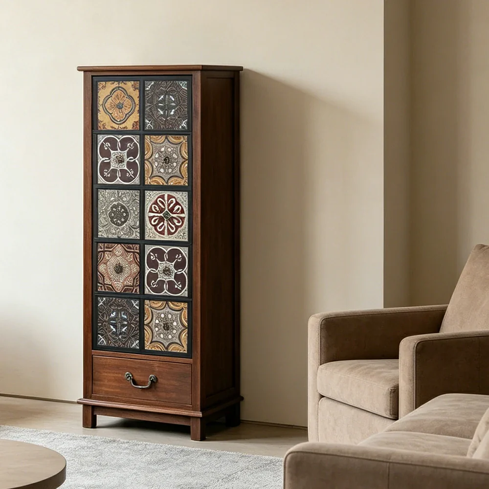 LIVARA American Vintage Storage Cabinet - Solid Wood Painted Drawer Chest with Slim Design - 118cm Entryway Side Cabinet - Chestnut - Image 5