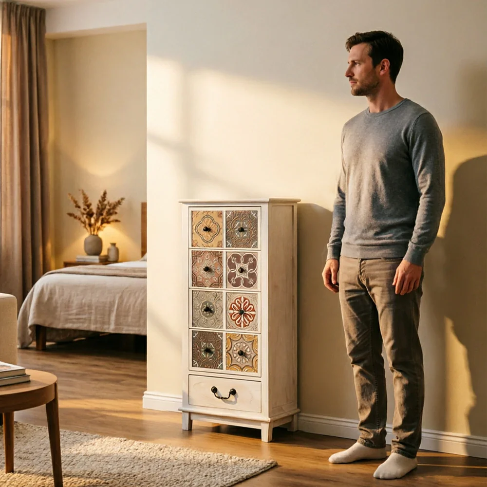 LIVARA American Vintage Storage Cabinet - Solid Wood Painted Drawer Chest with Slim Design - 101cm Entryway Side Cabinet - White - Image 6