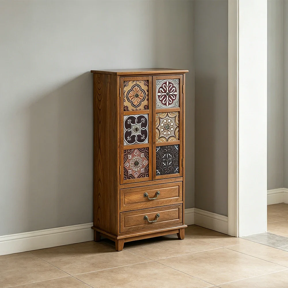 LIVARA American Vintage Painted Cabinet - Multi-Layer Storage Cupboard with Metal Handles - 111cm Entryway Cabinet - Brown - Image 4