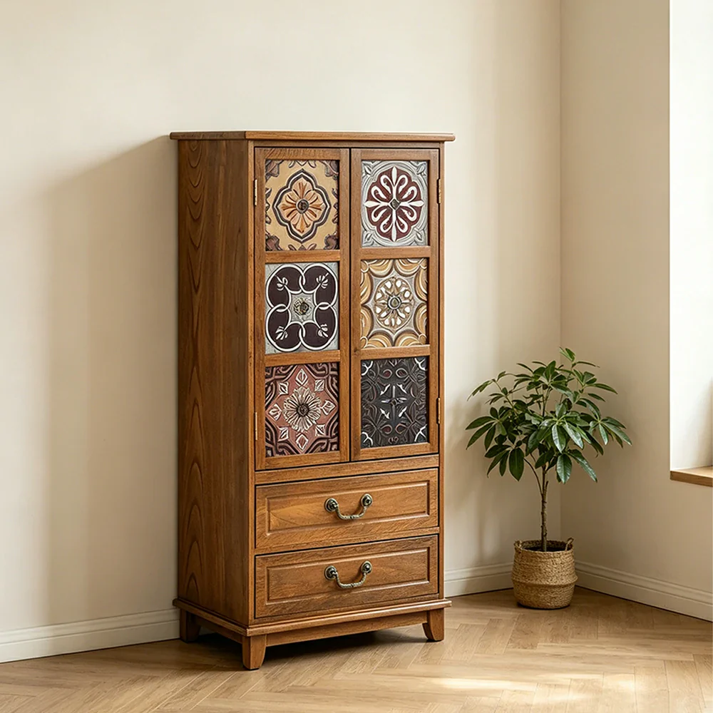 LIVARA American Vintage Painted Cabinet - Multi-Layer Storage Cupboard with Metal Handles - 111cm Entryway Cabinet - Brown - Image 5
