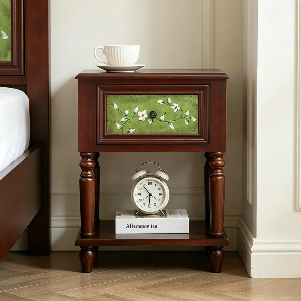LIVARA American Vintage Bedside Table - Solid Wood Painted Drawer Cabinet with Open Shelf - 57cm Bedroom Nightstand - Walnut - Image 4