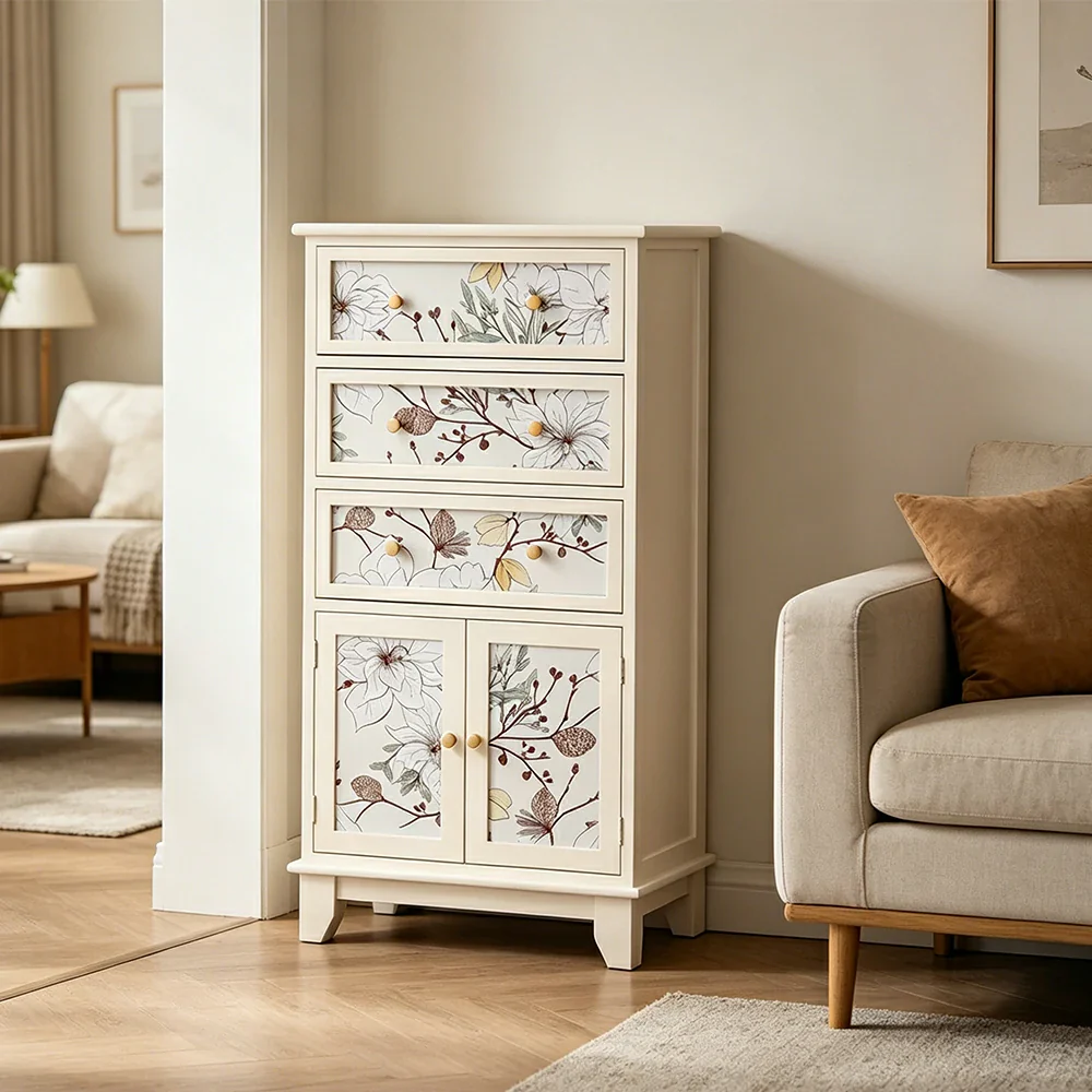 LIVARA Ivory Painted Storage Cabinet - Solid Wood 3-Drawer 2-Door Cabinet with Floral Design - 97cm Entryway Cabinet - Ivory White - Image 5