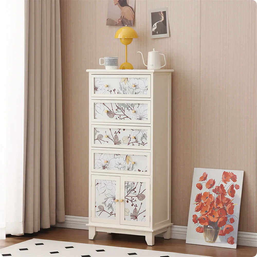 LIVARA Ivory Painted Storage Cabinet - Solid Wood 4-Drawer 2-Door Cabinet with Floral Design - 114cm Entryway Cabinet - Ivory White - Image 2