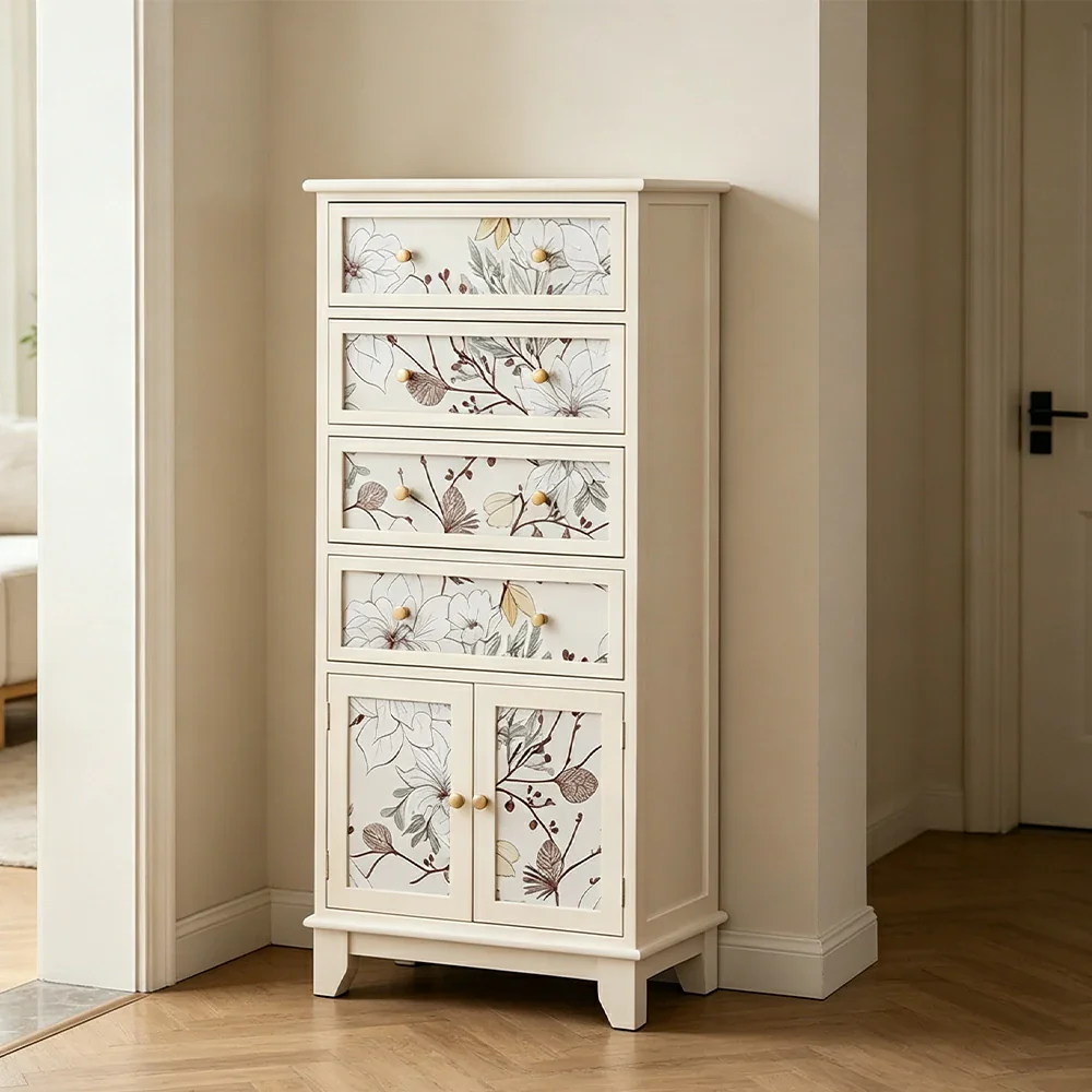 LIVARA Ivory Painted Storage Cabinet - Solid Wood 4-Drawer 2-Door Cabinet with Floral Design - 114cm Entryway Cabinet - Ivory White - Image 4