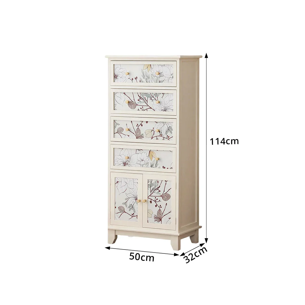 LIVARA Ivory Painted Storage Cabinet - Solid Wood 4-Drawer 2-Door Cabinet with Floral Design - 114cm Entryway Cabinet - Ivory White - Image 7