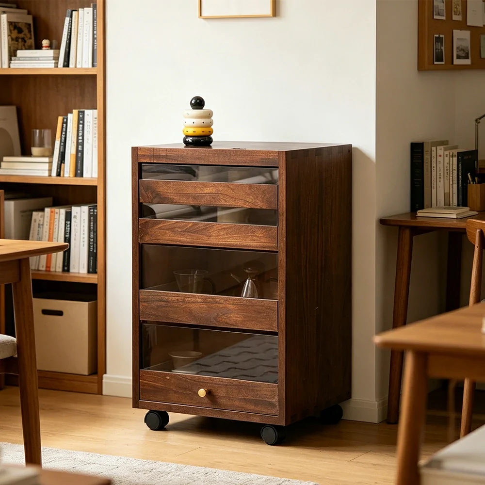 LIVARA Solid Wood Storage Cabinet - 4-Drawer Mobile Cabinet with Transparent Doors - 65cm Living Room Side Cabinet - Dark Walnut - Image 6