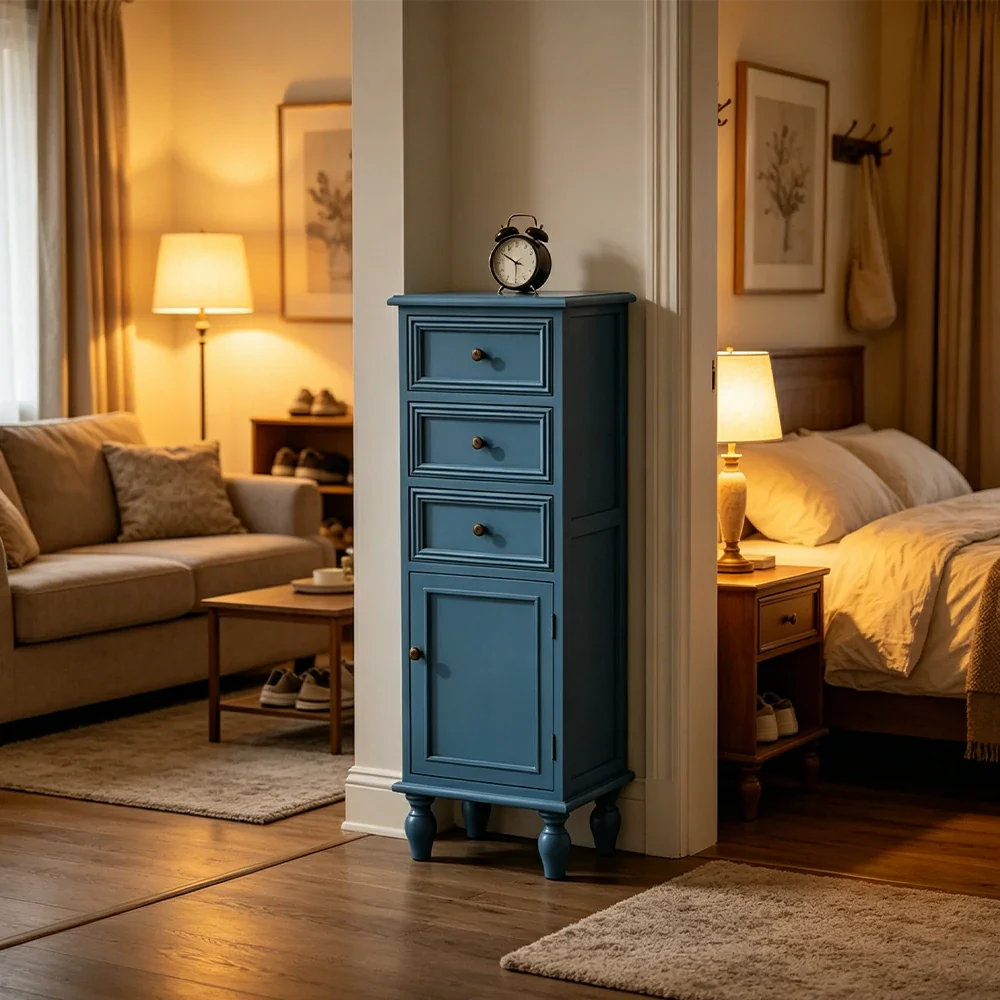LIVARA Slim Storage Cabinet Solid Wood Space Saving 4 Layer Organizer for Entryway Living Room & Bedroom - Blue - Image 5