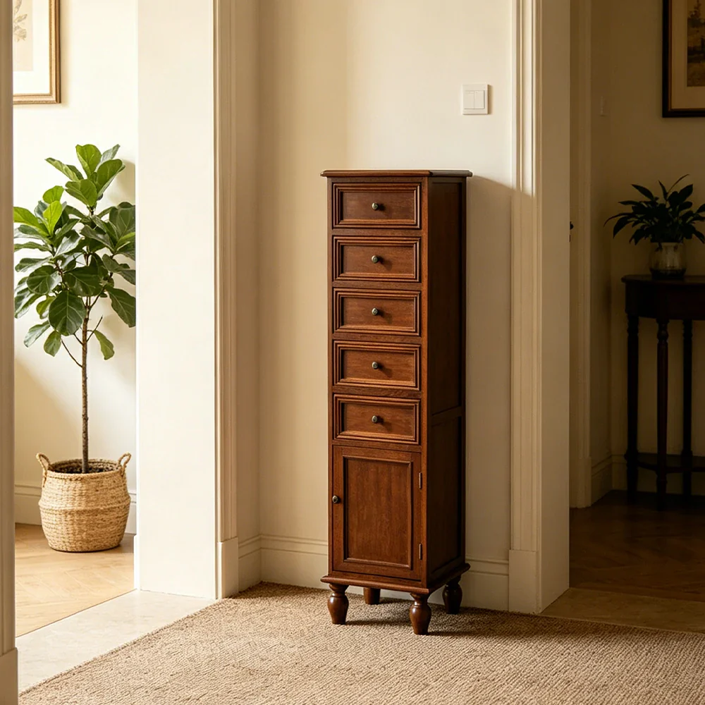 LIVARA Slim Storage Cabinet Solid Wood Space Saving 6 Layer Organizer for Entryway Living Room & Bedroom - Walnut - Image 4