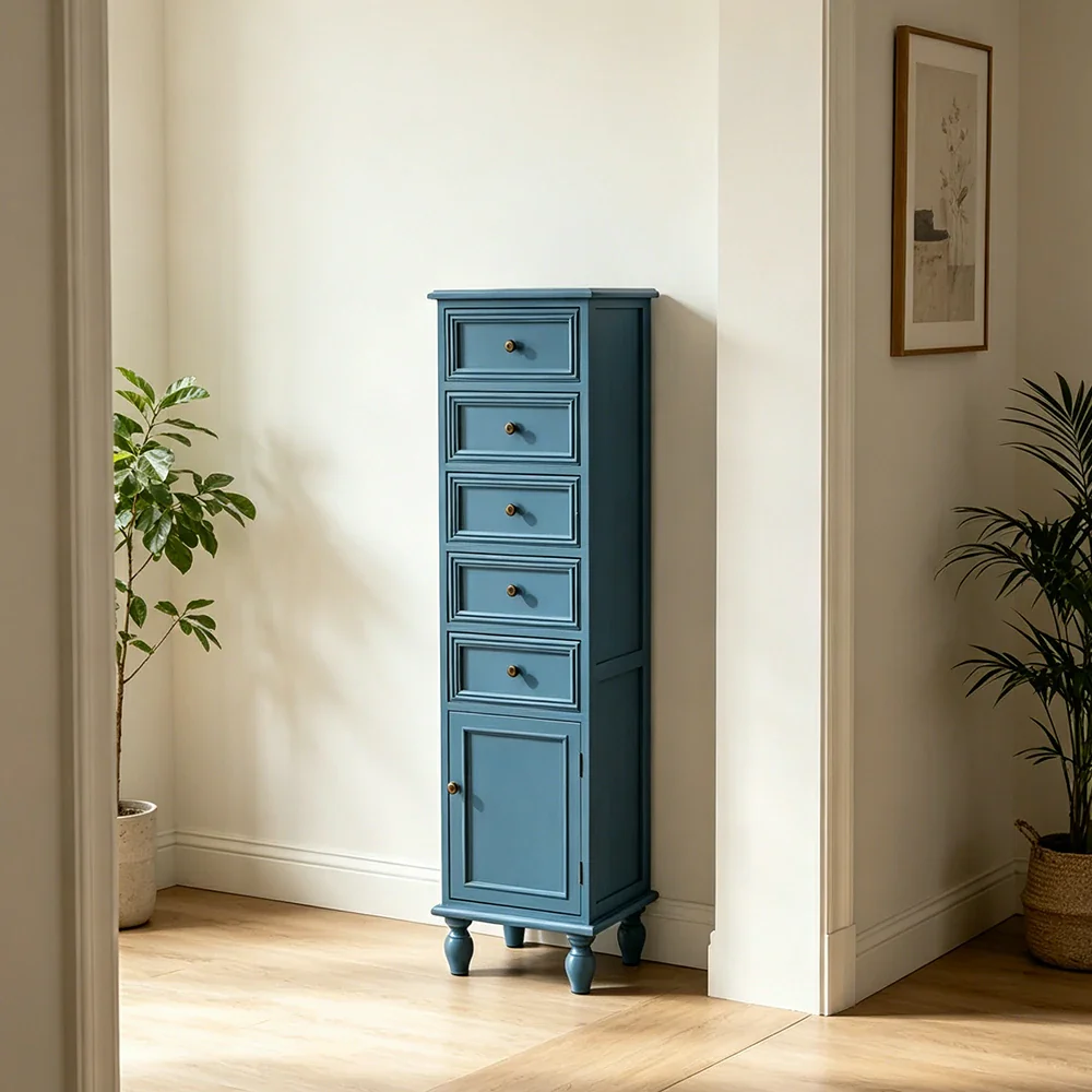 LIVARA Slim Storage Cabinet Solid Wood Space Saving 6 Layer Organizer for Entryway Living Room & Bedroom - Blue - Image 2