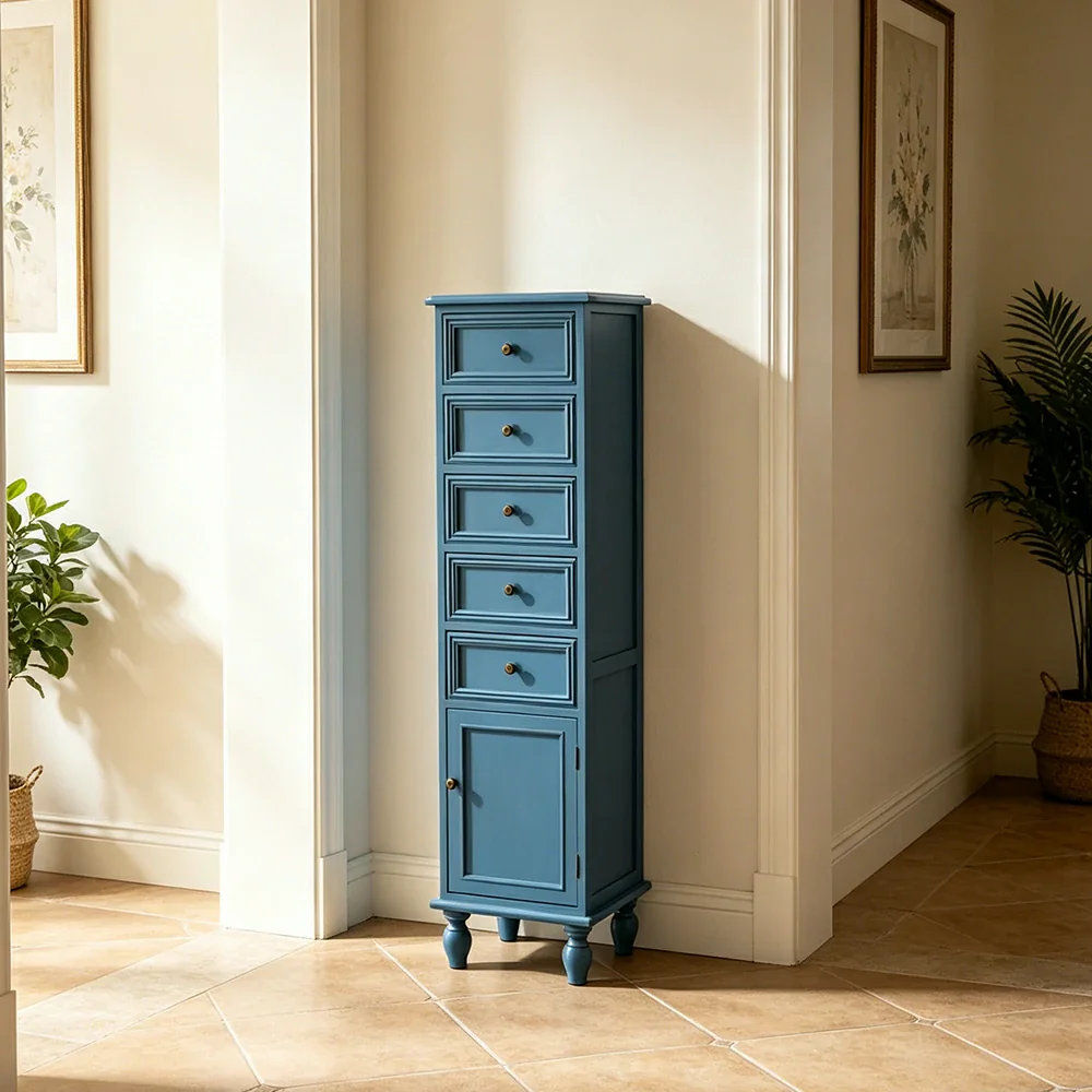LIVARA Slim Storage Cabinet Solid Wood Space Saving 6 Layer Organizer for Entryway Living Room & Bedroom - Blue - Image 4