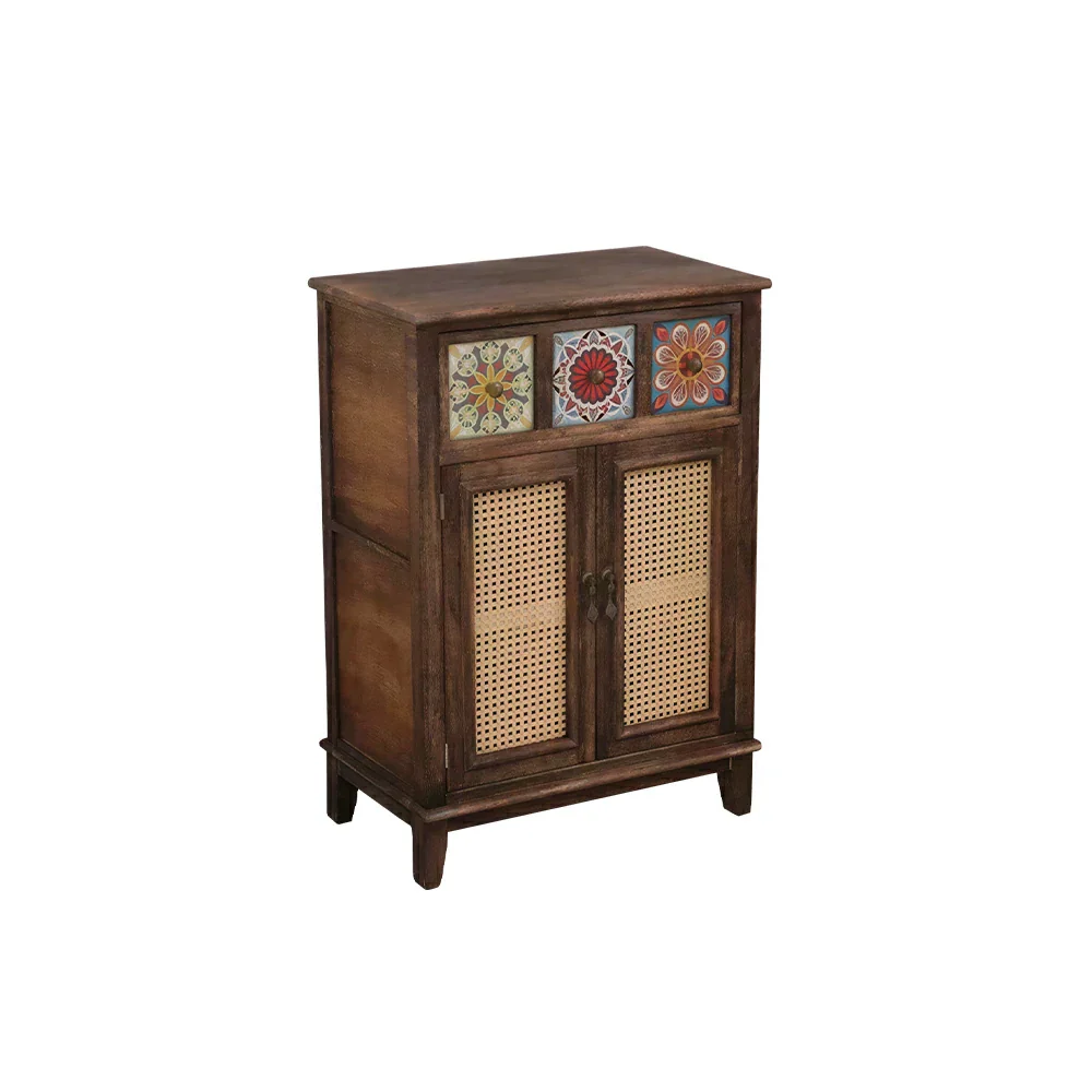 LIVARA Rattan Storage Cabinet Solid Wood Handwoven Design for Living Room Bedroom & Entryway - Walnut