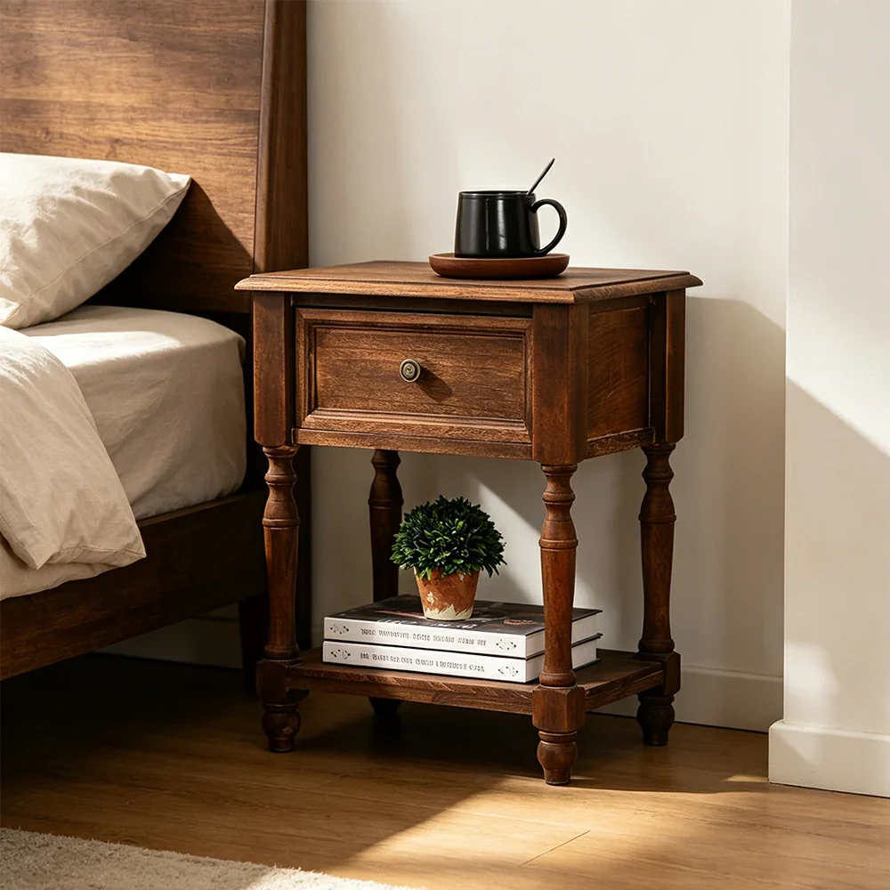 LIVARA Solid Wood Bedside Table Compact Drawer Storage for Bedroom Sofa Side & Small Spaces - Brown - Image 2