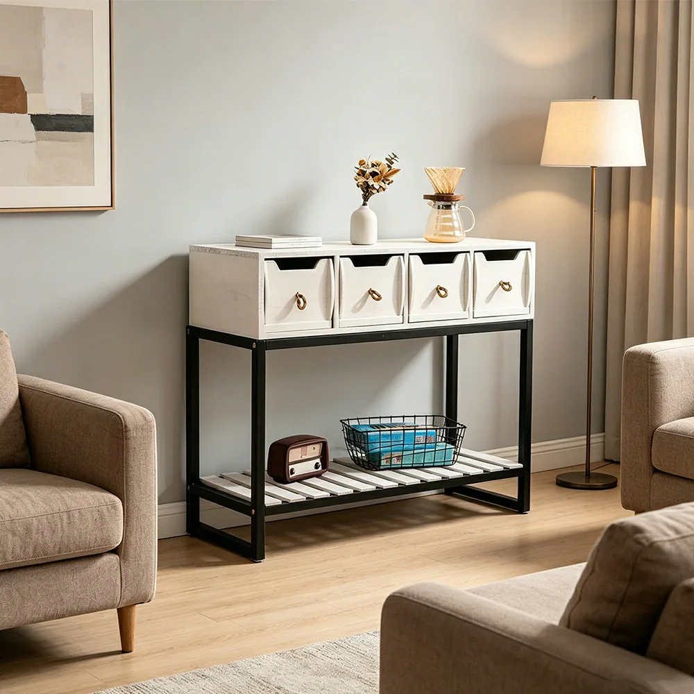 LIVARA Solid Wood Storage Cabinet with Metal Frame and Drawers for Living Room Study Entryway - White - Image 2