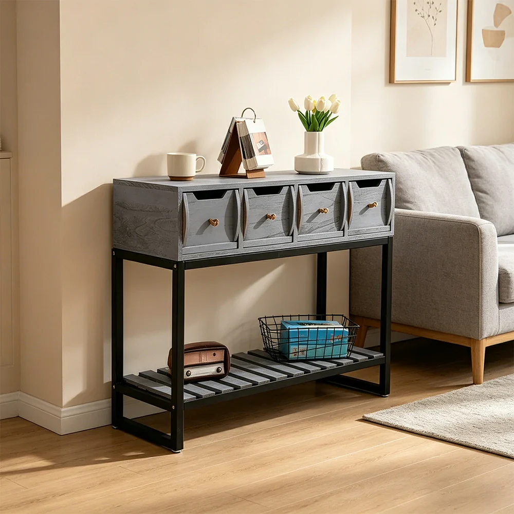 LIVARA Solid Wood Storage Cabinet with Metal Frame and Drawers for Living Room Study Entryway - Blue - Image 4
