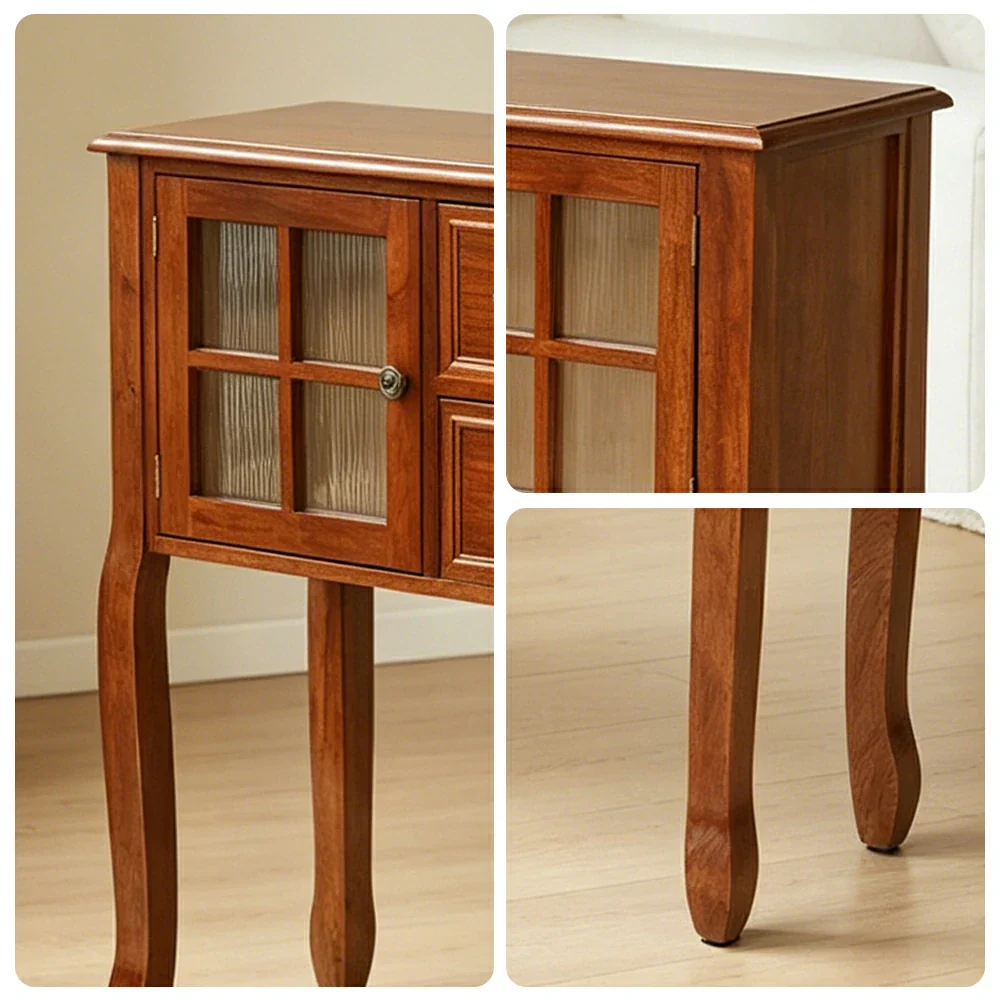 LIVARA Solid Wood Vintage Chest Cabinet with Glass Doors and Drawers for Entryway Living Room Bedroom - Brown - Image 3