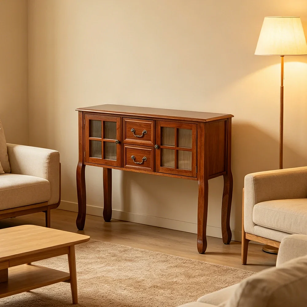 LIVARA Solid Wood Vintage Chest Cabinet with Glass Doors and Drawers for Entryway Living Room Bedroom - Brown - Image 4
