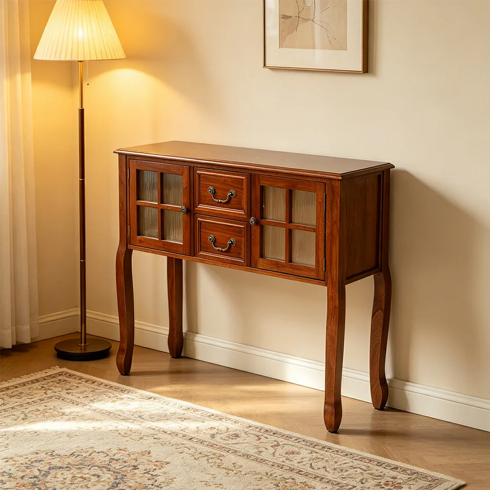LIVARA Solid Wood Vintage Chest Cabinet with Glass Doors and Drawers for Entryway Living Room Bedroom - Brown - Image 5