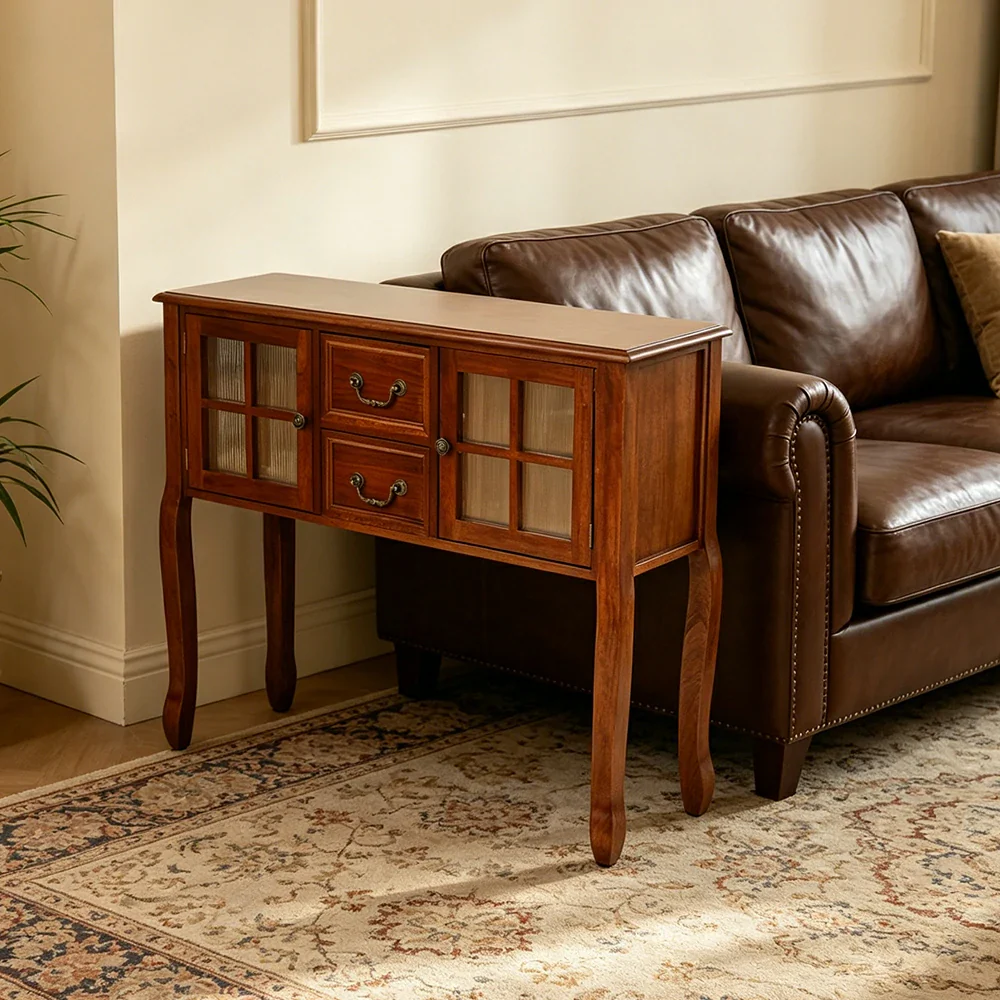 LIVARA Solid Wood Vintage Chest Cabinet with Glass Doors and Drawers for Entryway Living Room Bedroom - Brown - Image 6