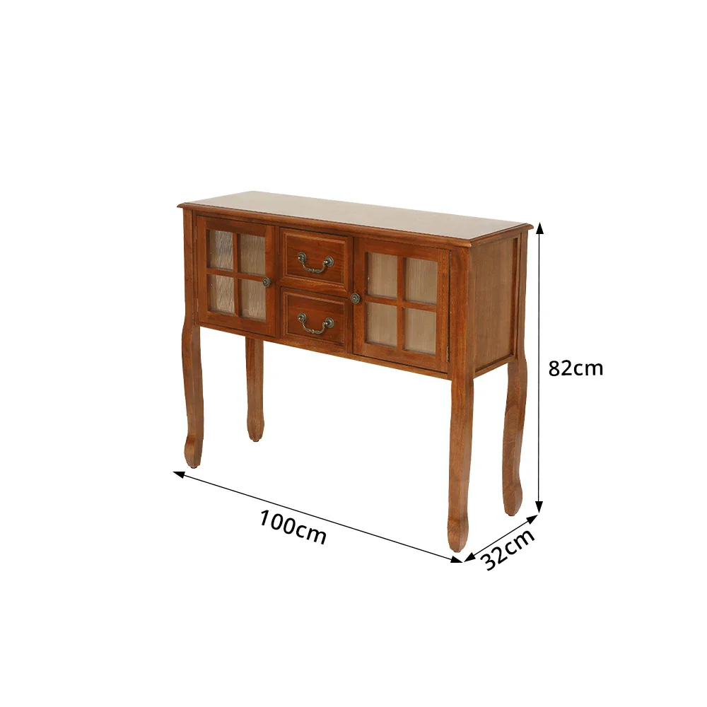LIVARA Solid Wood Vintage Chest Cabinet with Glass Doors and Drawers for Entryway Living Room Bedroom - Brown - Image 8