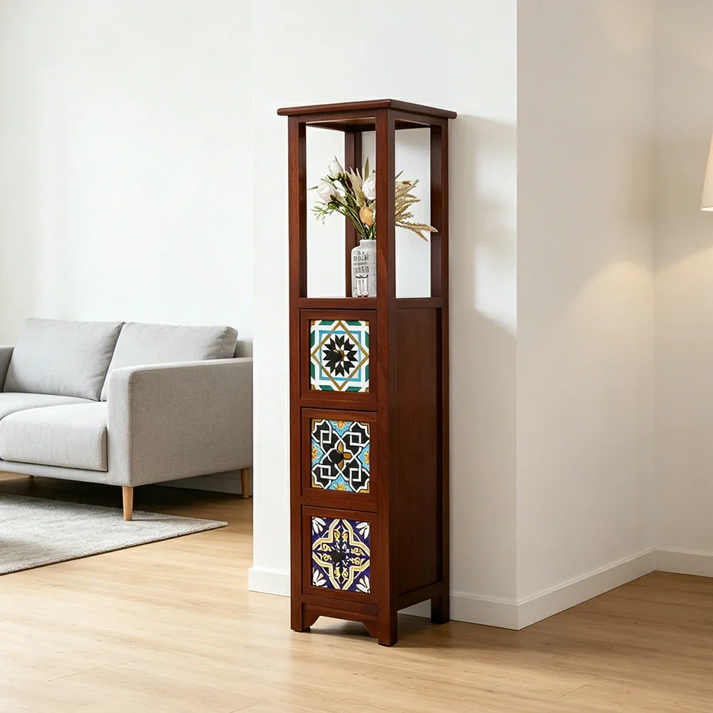 LIVARA Solid Wood Plant Storage Rack Narrow Display Storage with Three Drawers for Living Room Bedroom Entryway - Walnut - Image 2
