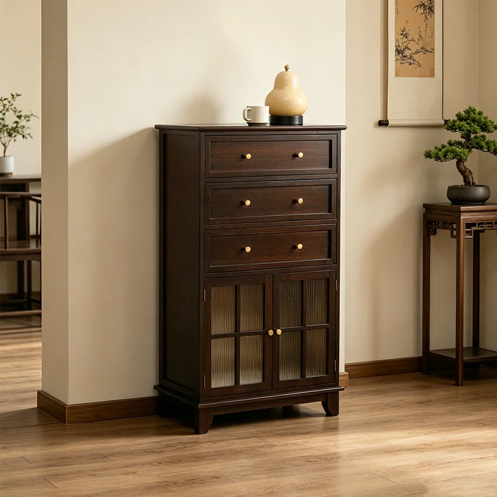 LIVARA Solid Wood Multi-Layer Storage Cabinet with Drawers and Fluted Glass Doors for Living Room Dining Entryway - Walnut - Image 5
