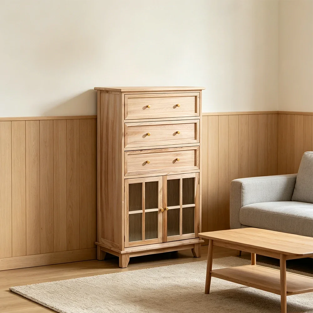 LIVARA Solid Wood Multi-Layer Storage Cabinet with Drawers and Fluted Glass Doors for Living Room Dining Entryway - Wood - Image 2