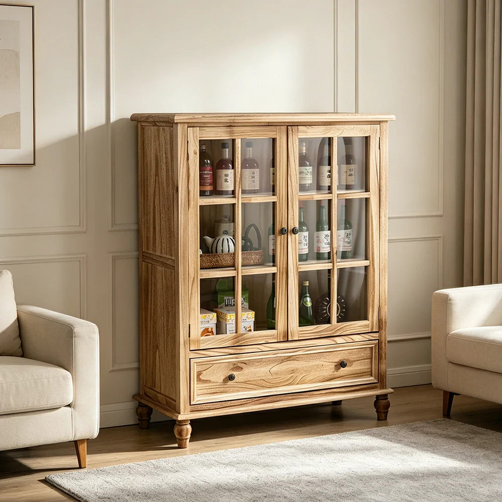 LIVARA Solid Wood Storage Cabinet with Fluted Glass Double Doors for Living Room Dining Room Kitchen - Wood - Image 5