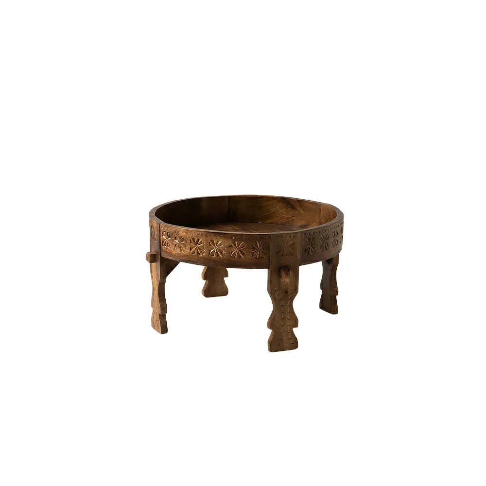 LIVARA Round Solid Wood Coffee Table Vintage Carved Design Stable Legs for Guesthouse Living Room
