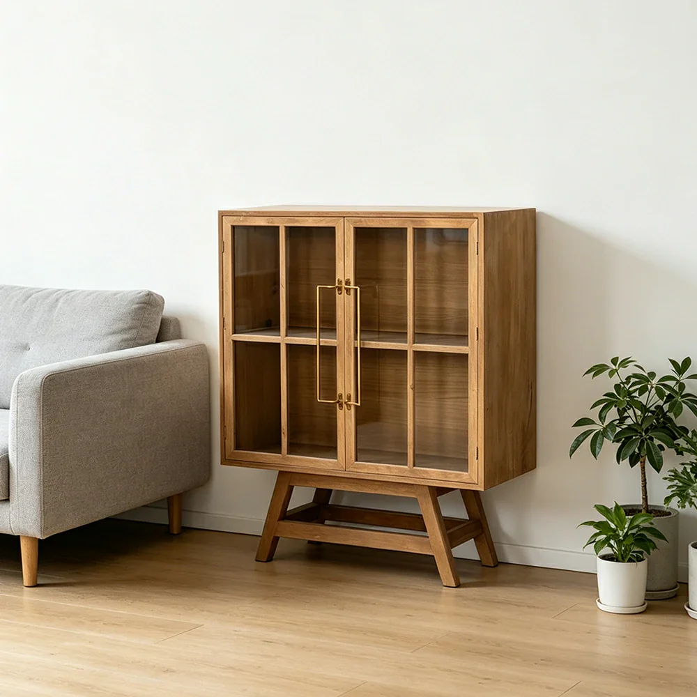 LIVARA Solid Wood Glass Double Door Cabinet Tempered Display Double Storage for Living Room Dining Room Study - Image 2