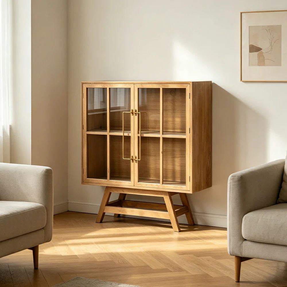 LIVARA Solid Wood Glass Double Door Cabinet Tempered Display Double Storage for Living Room Dining Room Study - Image 4