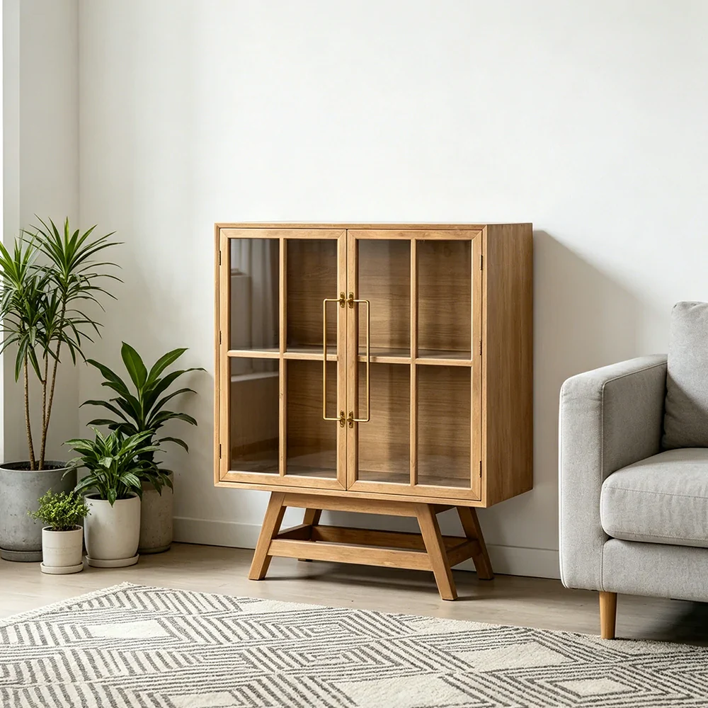 LIVARA Solid Wood Glass Double Door Cabinet Tempered Display Double Storage for Living Room Dining Room Study - Image 5