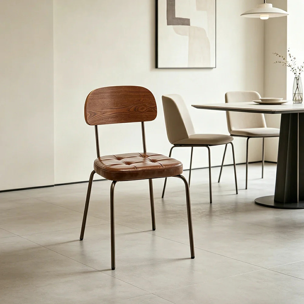 LIVARA Mid Century Dining Chair PU Leather Seat Curved Wooden Backrest for Dining Room Cafe Study - Brown - Image 5