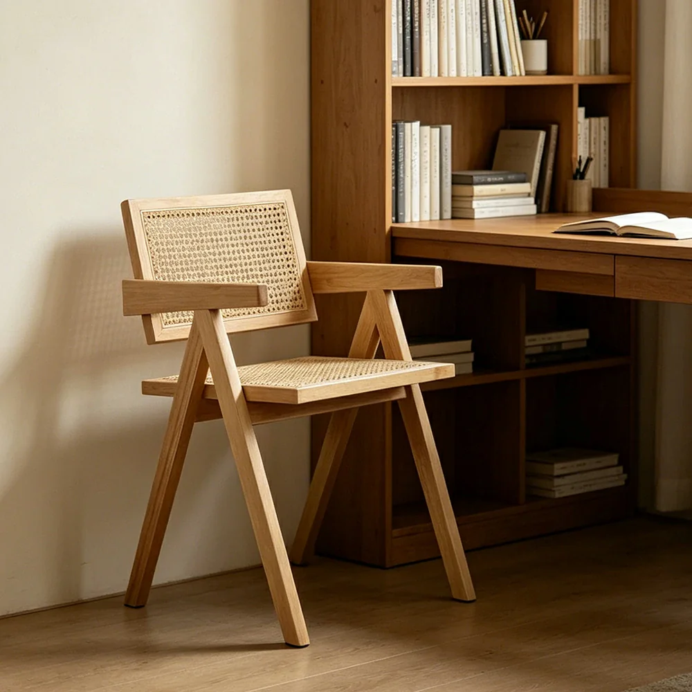 LIVARA Solid Wood Rattan Chair with Handwoven Seat and Armrests for Dining Room, Study and Home Office - Wood - Image 2