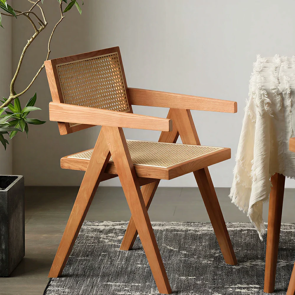 LIVARA Solid Wood Rattan Chair with Handwoven Seat and Armrests for Dining Room, Study and Home Office - Cherry - Image 2