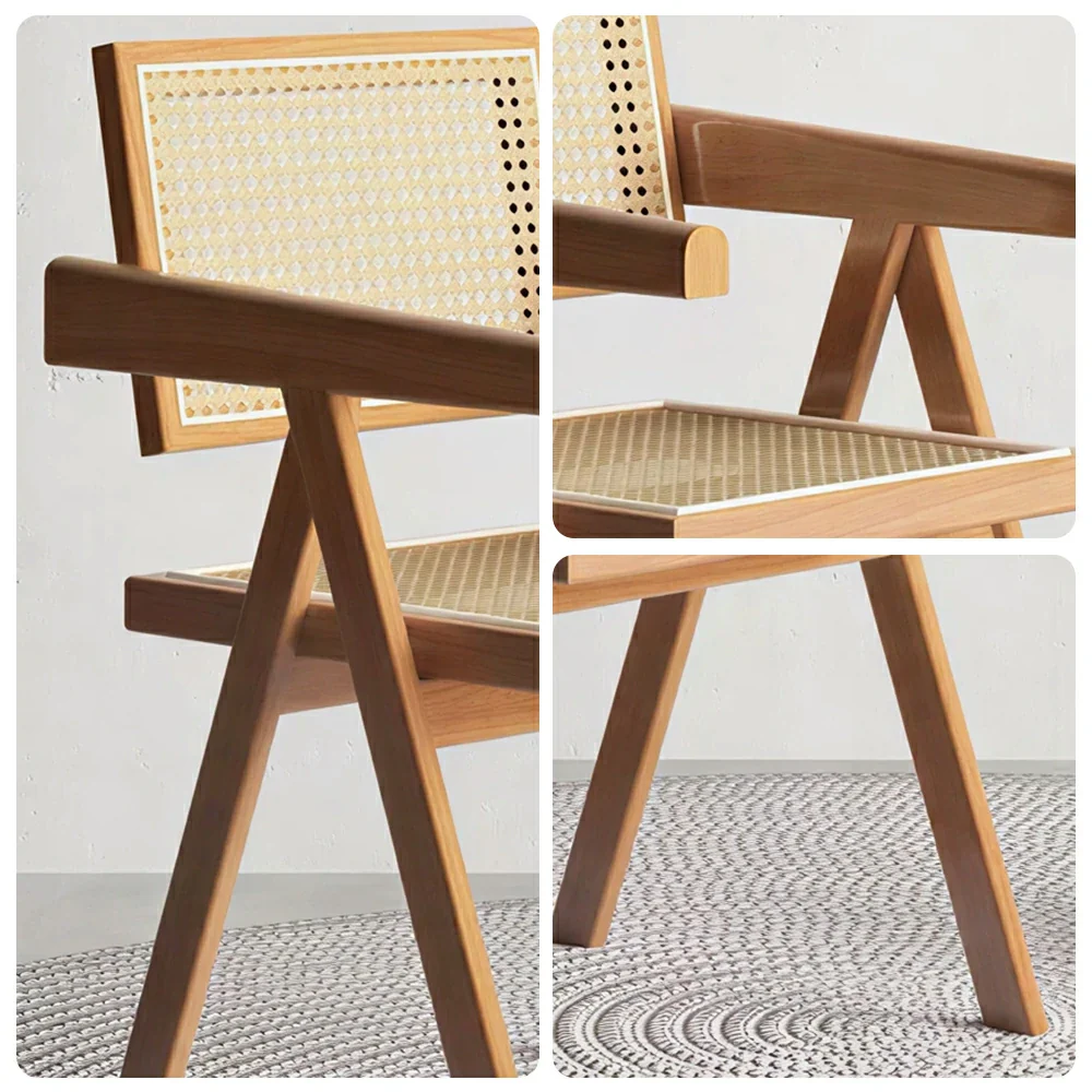 LIVARA Solid Wood Rattan Chair with Handwoven Seat and Armrests for Dining Room, Study and Home Office - Cherry - Image 3