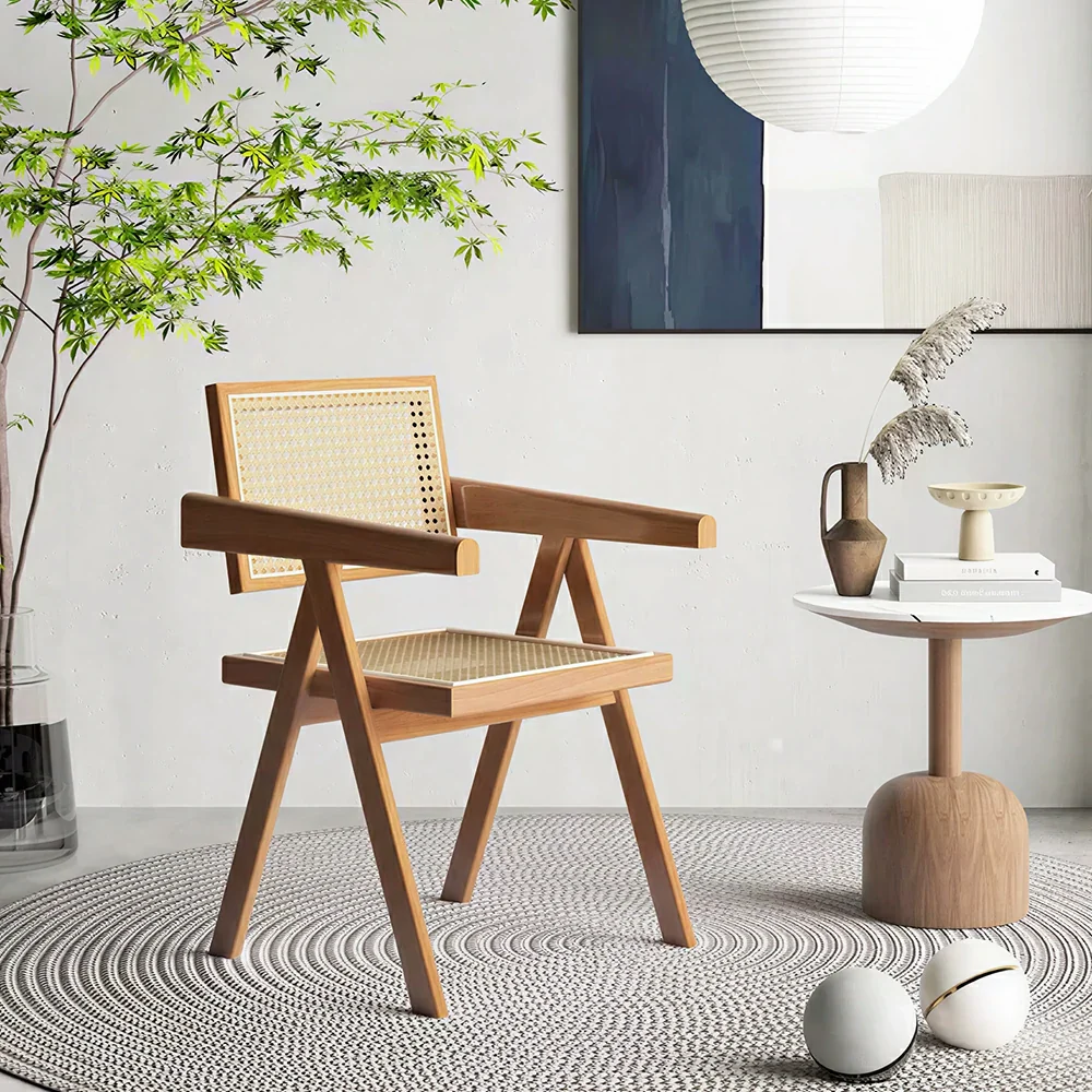 LIVARA Solid Wood Rattan Chair with Handwoven Seat and Armrests for Dining Room, Study and Home Office - Cherry - Image 4